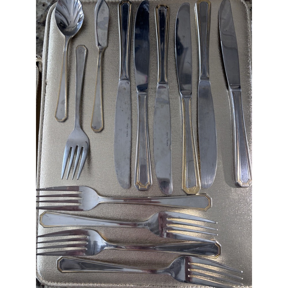 Towle Hard To Find Stainless Flatware Beacon Hill Pattern With Gold Trim. 3126